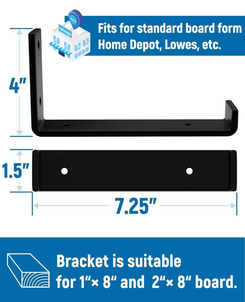 LEOPO 8 inch Shelf Brackets 4-Pack ,1/5 inch Thick Heavy Duty Industrial Bracket for DIY Floating Shelf Support, Black Coated Wall Shelf Support, 7.25    x 4    x 1.5 - Image 2